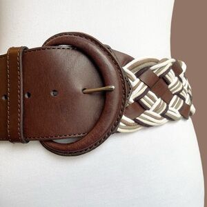 Brown Leather Wide Oversized Woven Belt Festival Circle Buckle Size M